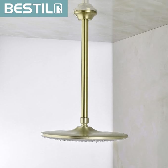 BESTILL 12 Inch Ceiling Mount Rain Shower Head Arm and Flange, Brushed Gold - Image 2