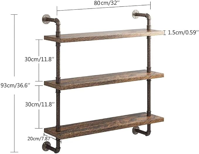 Helsin 3 Tier Industrial Pipe Shelf Rustic Wood Floating Shelves, Wall Display - Image 3