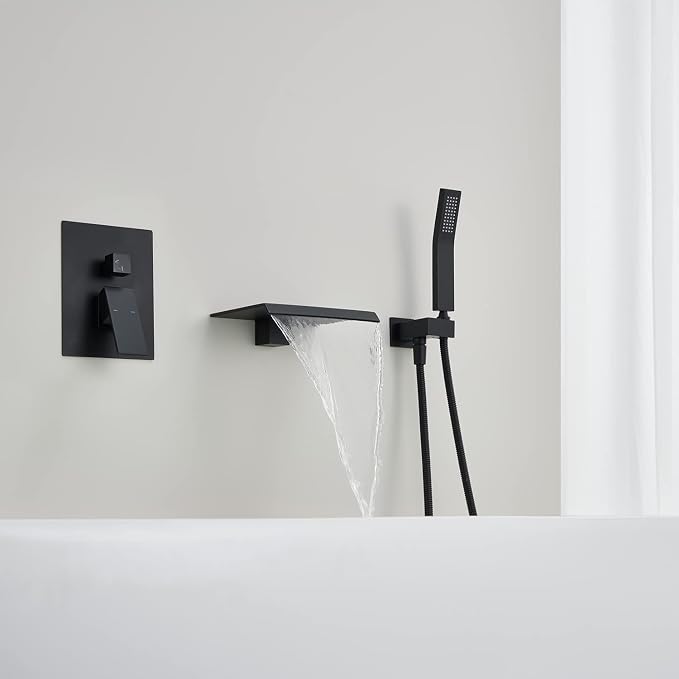 Wall Mount Tub Filler Waterfall Tub Faucet Black Bathtub Faucet Brass Single - Image 5