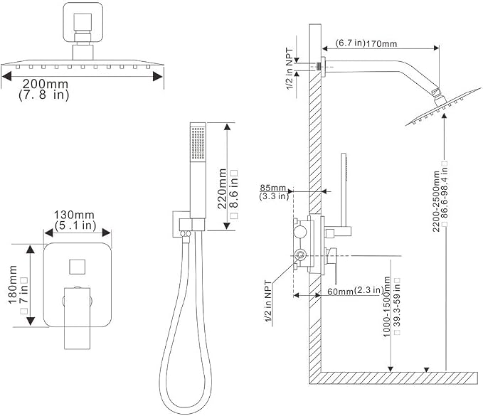 Matte Black Shower System, 8 Inch High Pressure Rain Shower - Image 9
