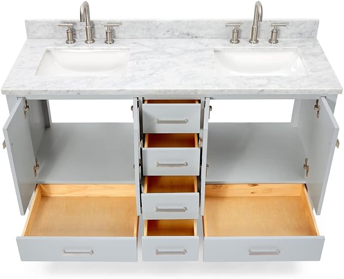 ARIEL Cambridge 61 Inch Grey Bathroom Vanity Double Sink, Solid Wood, Carrara - Image 5
