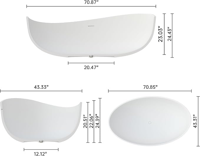 71" Premium Solid Surface Freestanding Bathtub, Unique Oval Stone Resin Tub - Image 4