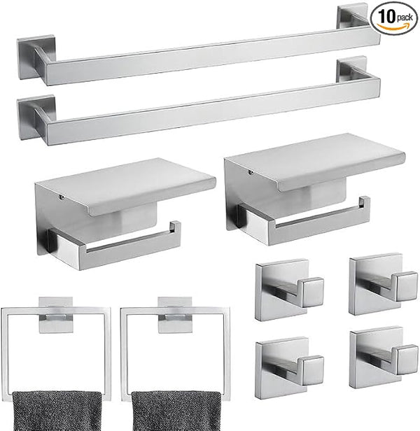 10 Pack Brushed Finish Bathroom Hardware Set by COUOBO
