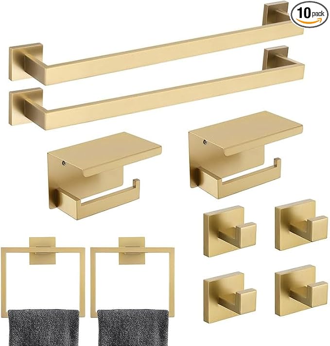 10 Pack Brushed Gold Bathroom Hardware Set by COUOBO