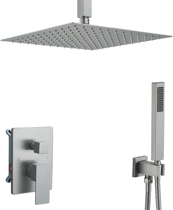 12 Inch Brushed Nickel Ceiling Mount Shower System Bathroom Luxury Rain Mixer by YCAIKOI