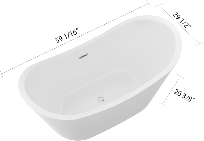 Logmey 59 Inch Freestanding Bathtub White Acrylic Oval Shape Soaking Tub - Image 4