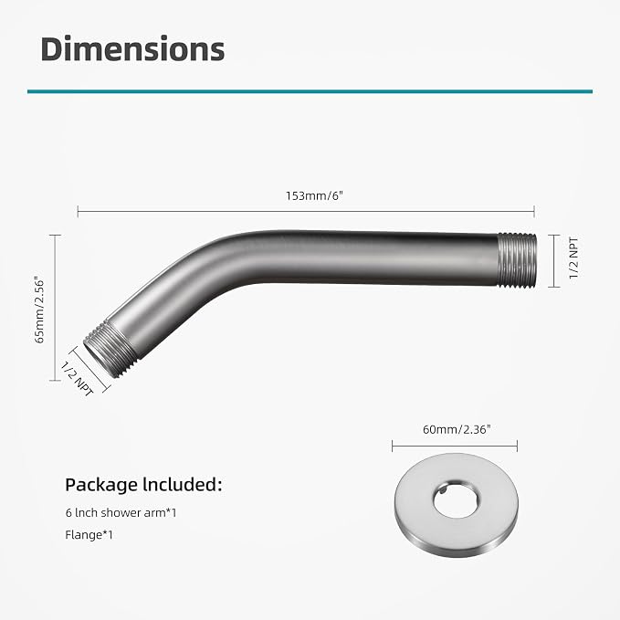 Cobbe Shower Arm with Flange and Teflon Tape, 6-Inches Wall Mounted Shower Pipe - Image 5