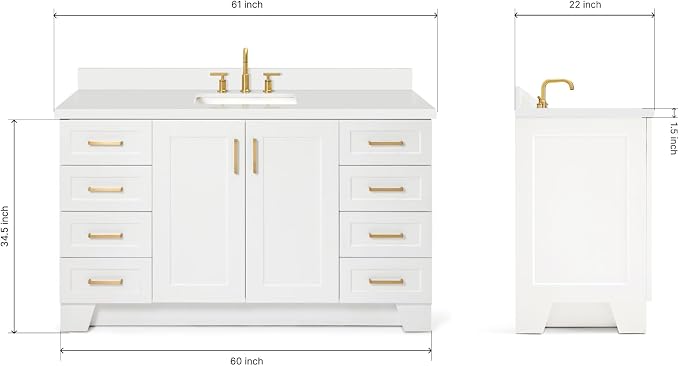 ARIEL 61" White Bathroom Vanity 1.5" Edge Pure White Quartz Countertop & Splash - Image 2