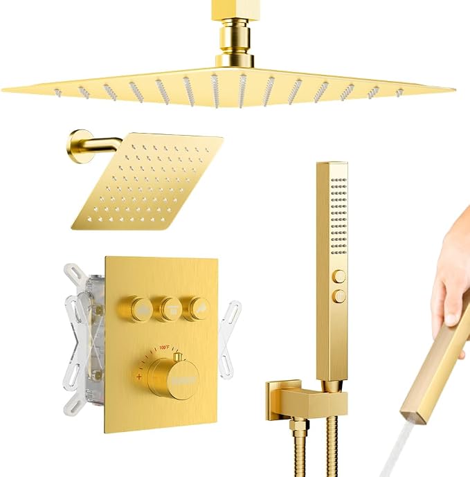 Brushed Gold Shower System, STARBATH Ceiling Mounted 10+6 Inch Rainfall Shower by STARBATH