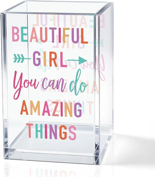Beautiful Girl You Can Do Amazing Things Acrylic Cosmetic Holder, Inspirational by QYUVK