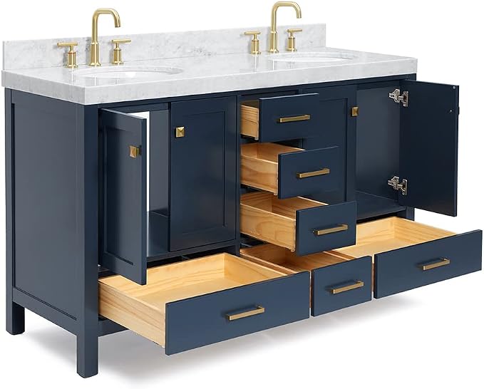 ARIEL Cambridge 60 Inch Midnight Blue Bathroom Vanity Double Sink, Solid Wood - Image 8