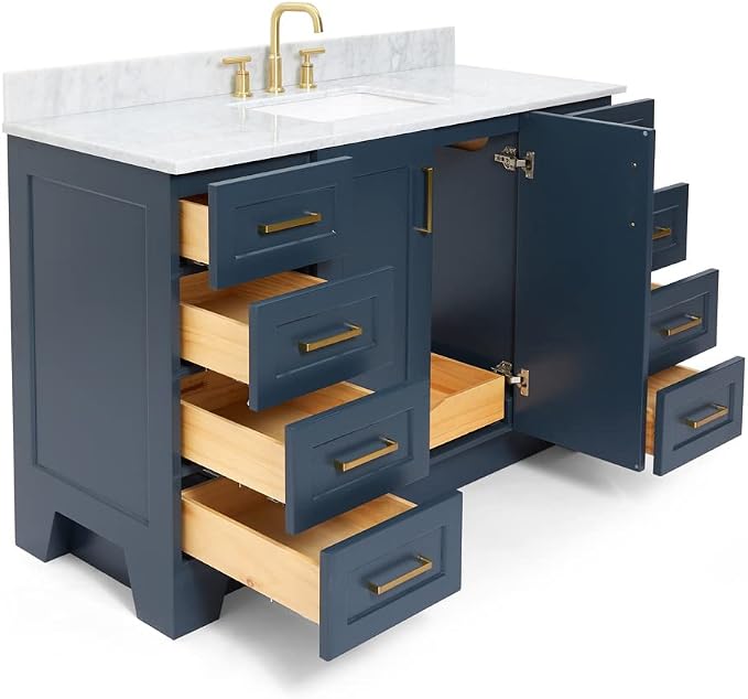 ARIEL 55" Midnight Blue Bathroom Vanity, Italian Carrara Marble Countertop & - Image 4