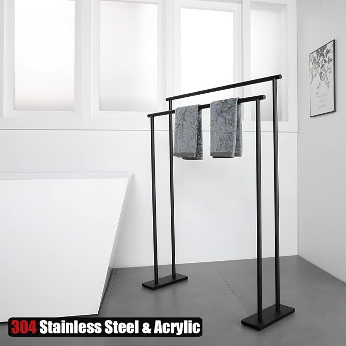 JQK Bath Towel Bar Free Standing Black, 30 Inch Stand Double Towel Rack Holder - Image 4