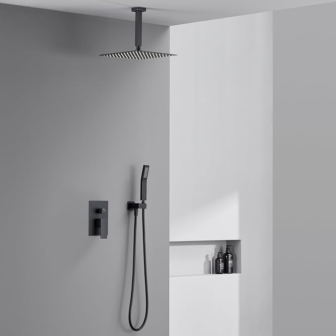 Shower System 12 Inches Rain Shower Combo Set Black Ceiling Mount Shower Faucet - Image 8