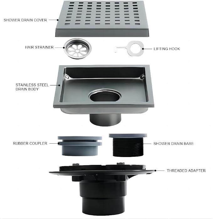 6 Inch Square Shower Drain, SUS 304 Stainless Steel Shower Drain - Image 3