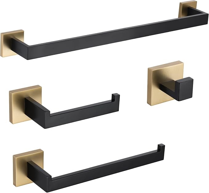 TURS 4-Piece Bathroom Hardware Set Black and Brushed Gold Towel Bar Holder Set by TURS