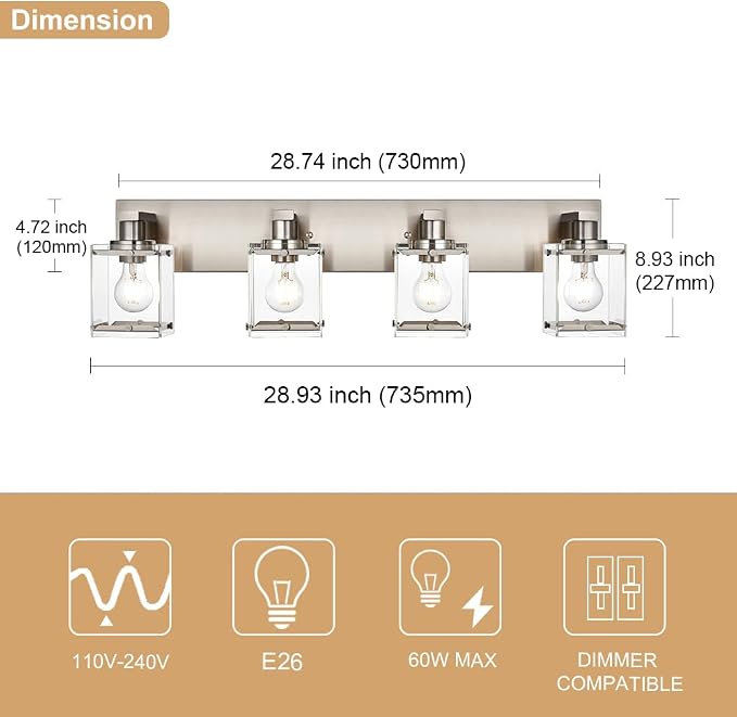 4-Lights Bathroom Vanity Light Fixtures in Brushed Nickel, E26 Socket Wall - Image 6