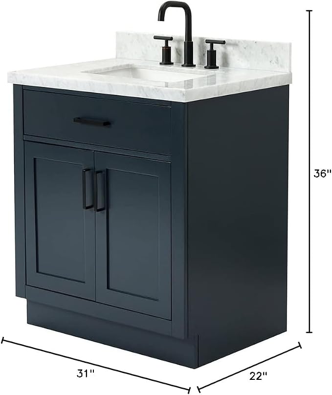 ARIEL Bathroom Vanity, Midnight Blue, Carrara Marble Top 1.5" Edge, Solid Wood - Image 3