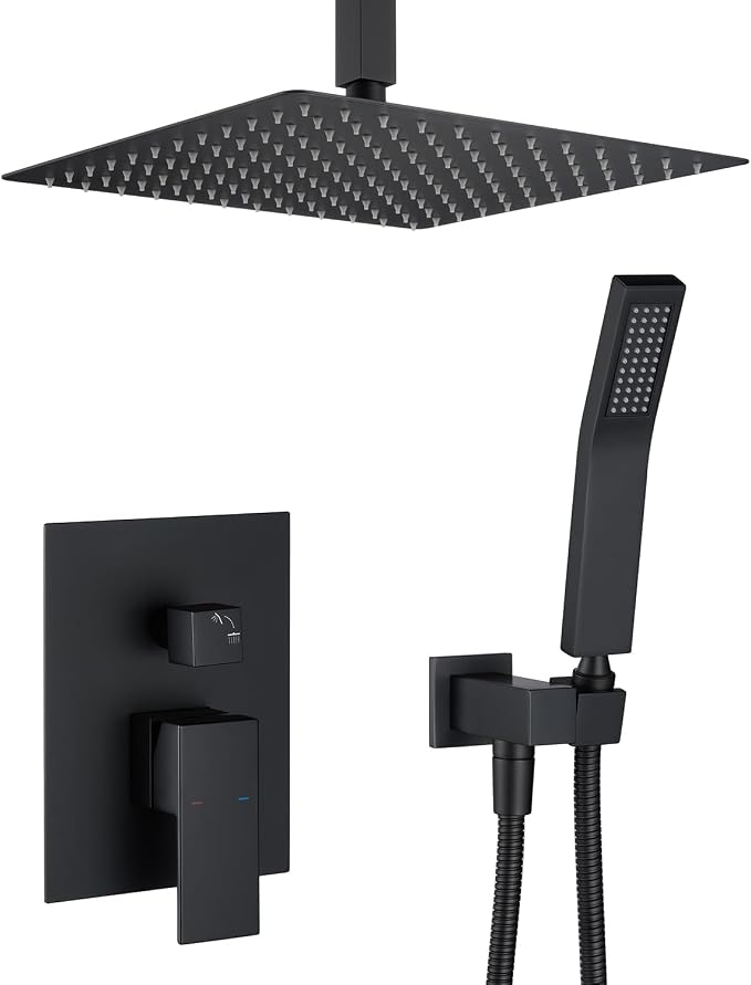 Shower System 12 Inches Rain Shower Combo Set Black Ceiling Mount Shower Faucet by ArtiquaSanitaryWare