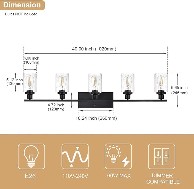 40 Inches Length Black Bathroom Lighting Fixtures, 5-Light Modern Industrial - Image 4