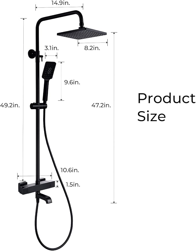 Outdoor Shower Faucet Set 8" Square Shower Head 3 Function Thermostatic - Image 3