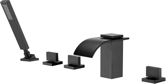 Waterfall Roman Tub Faucet Matte Black Deck Mount Bath Tub Filler by SUMERAINFAUCETS
