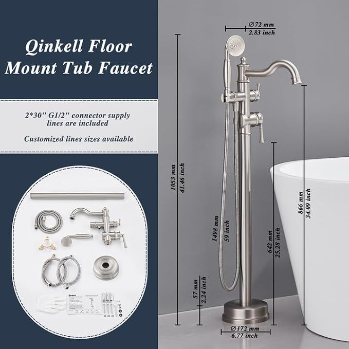 Free Standing Tub Faucet, Qinkell Classic Elegant Gooseneck Freestanding - Image 6