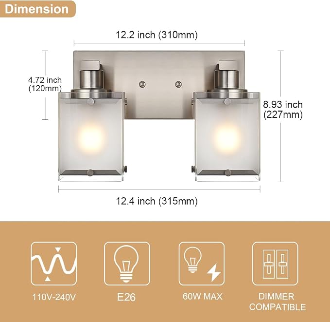 2-Lights Wall Sconce Lighting, Brushed Nickel Bathroom Vanity Light Fixture - Image 4