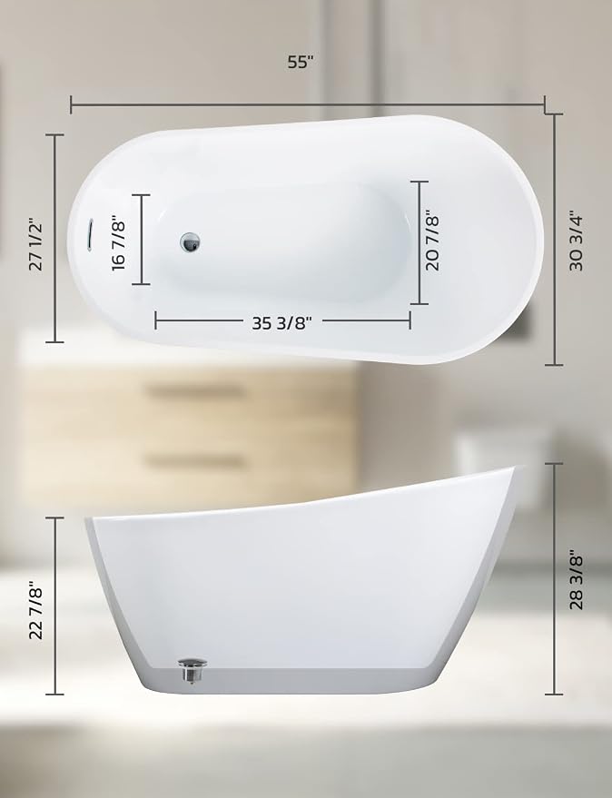 Freestanding Bathtub, 55 inch Acrylic Free Standing Soaking Bathroom Tub - Image 7