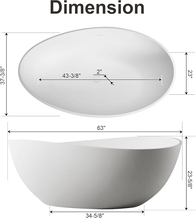 63 Inch Stone Resin Freestanding Bathtub, Modern Oval Soaking Bathtubs Tubs - Image 5
