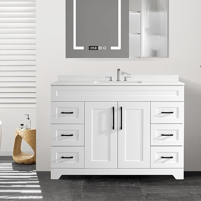 48” Bathroom Vanity with White Engineered Marble Stone Rectangular Sink by SSFEG