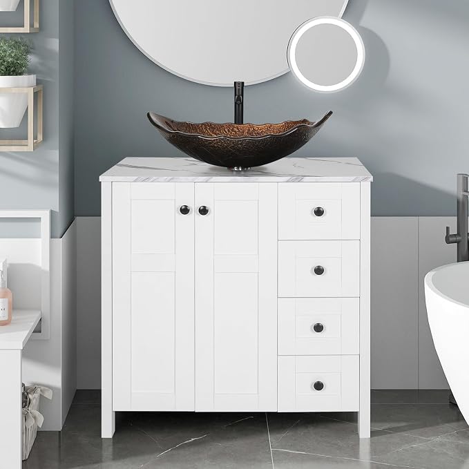 32" White Bathroom Vanity with Marble Texture Top and 4 Drawers, Modern by Solidee