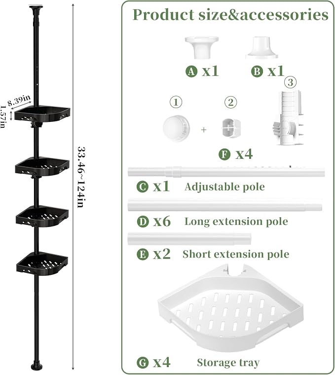 Tension Pole Shower Caddy Organizer with4 Tier L-Shaped Rust Resistant Bathroom - Image 2