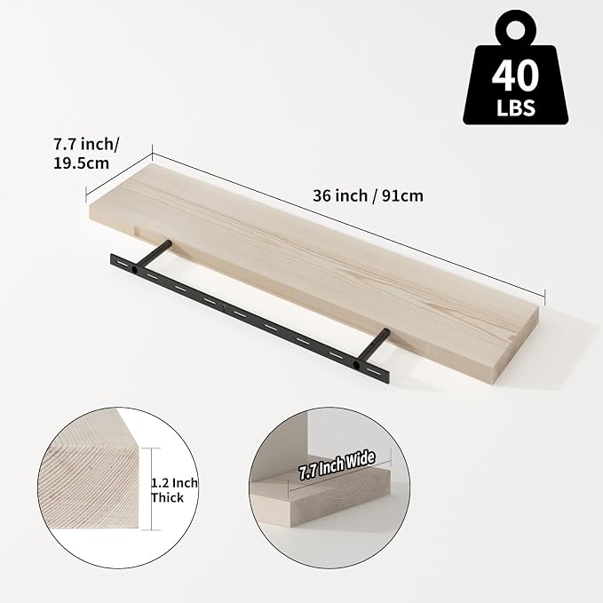 SAUMONIERES Floating Shelves 8 Inch Deep Solid Wood Wide Wall Shelf Set of 2 - Image 3