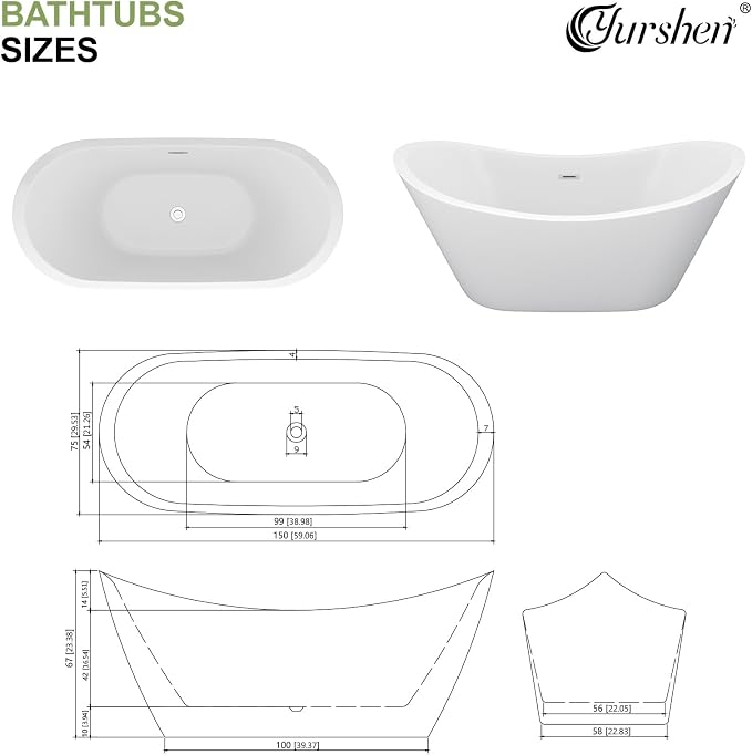 59" Freestanding Acrylic Bathtub – White Double Slipper Soaking Tub - Image 8