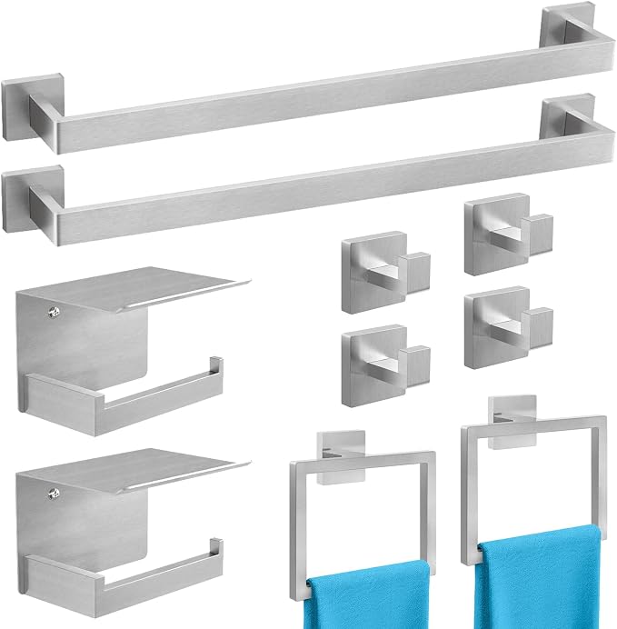 10-Piece Bathroom Hardware Accessories Set Brushed Nickel, 24 inch Towel Bar by STWWO
