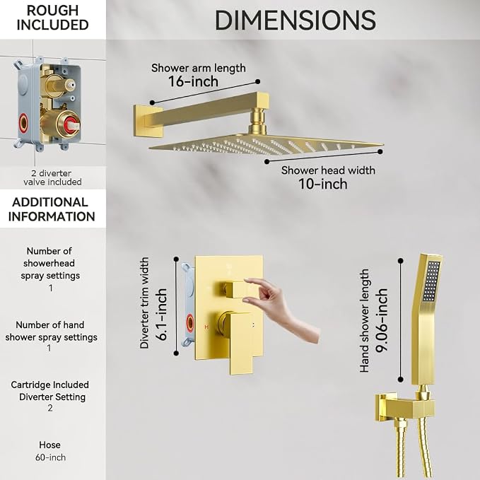 Shower Faucet Set Brushed Gold Shower System, Starbath 10" Rain Shower Head and - Image 6