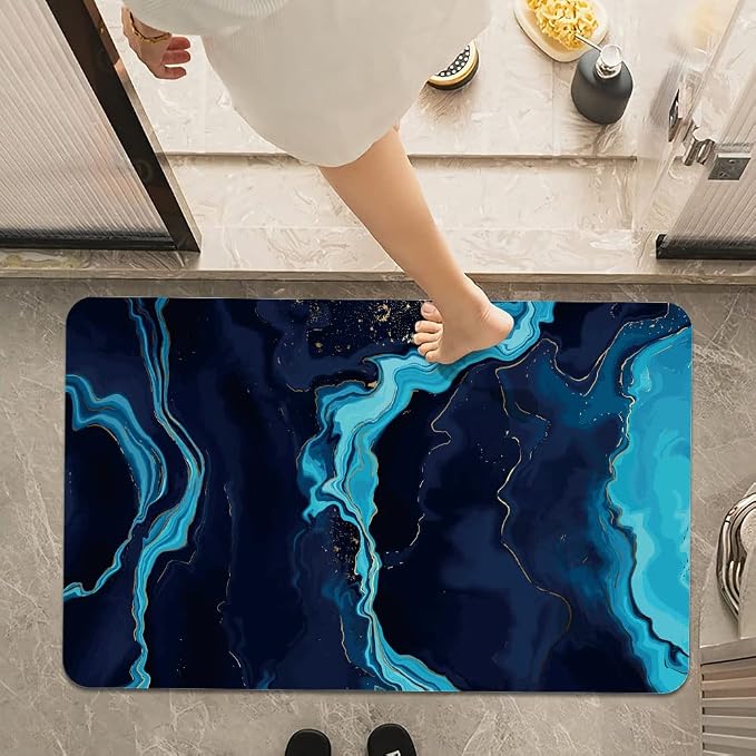 Bath Mat Rug, Deep Blue Gold marbleNon Slip Quick Dry Super Absorbent Thin - Image 7