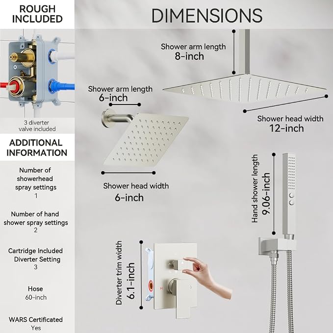 Rain Shower System Brushed Nickel, STARBATH Ceiling Mount 12'' Rain Shower Head - Image 5