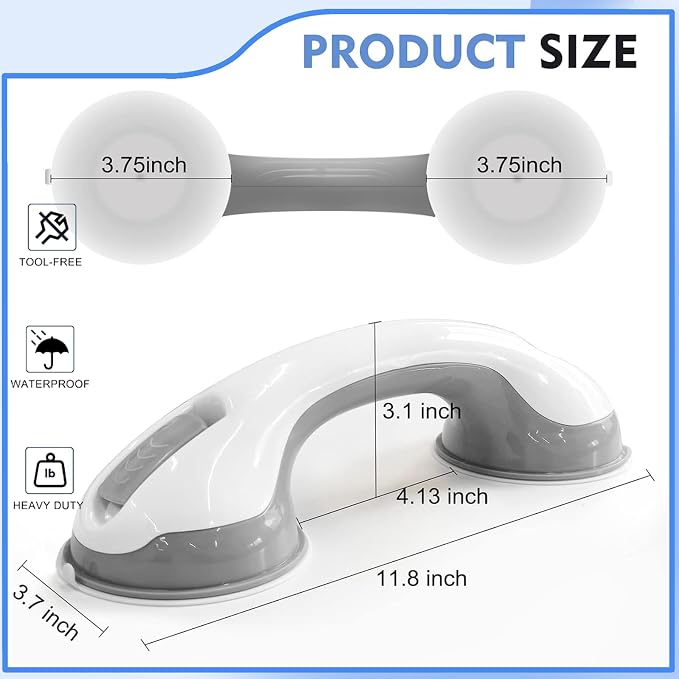 Shower Handles for Elderly Suction Seniors Cup 12 Inch Grey Grab Bar Safety - Image 2