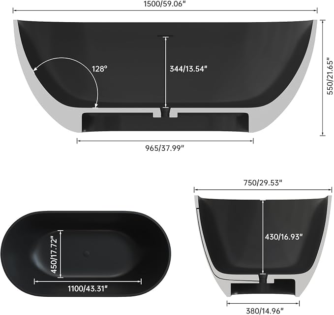 59" Premium Matte Black Solid Surface Freestanding Bathtub, Modern Design Stone - Image 6
