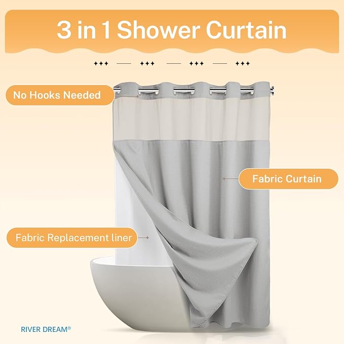 River Dream No Hooks Required Dotted Light Grey Shower Curtain - Image 6