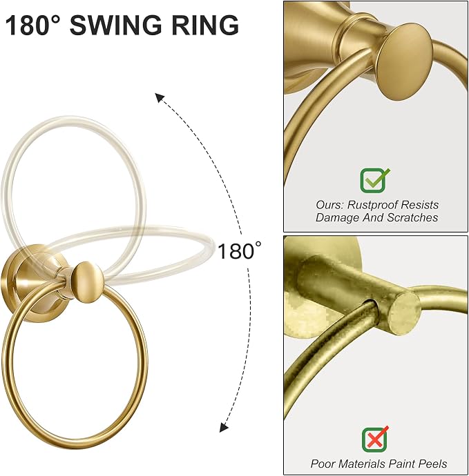 BESy Brushed Gold Bathroom Hand Towel Ring Towel Holder, Rustproof Wall Mounted - Image 4
