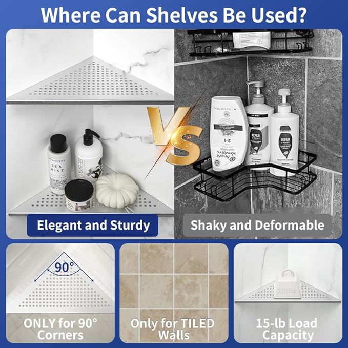 Corner Shower Shelf, 304 Stainless Steel 12" Brushed Recessed Bathroom Shelf - Image 4