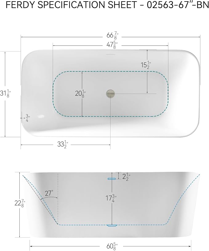 FerdY Maui 67" Acrylic Freestanding Bathtub, Contemporary Elegant Design - Image 4