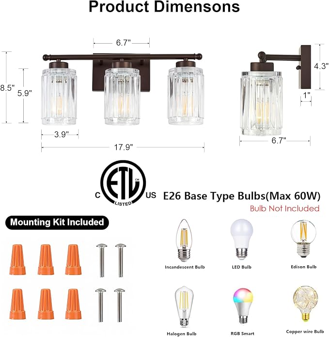 3 Light Bathroom Light Fixtures Modern ORB 18 Inch Vanity Lights - Image 2