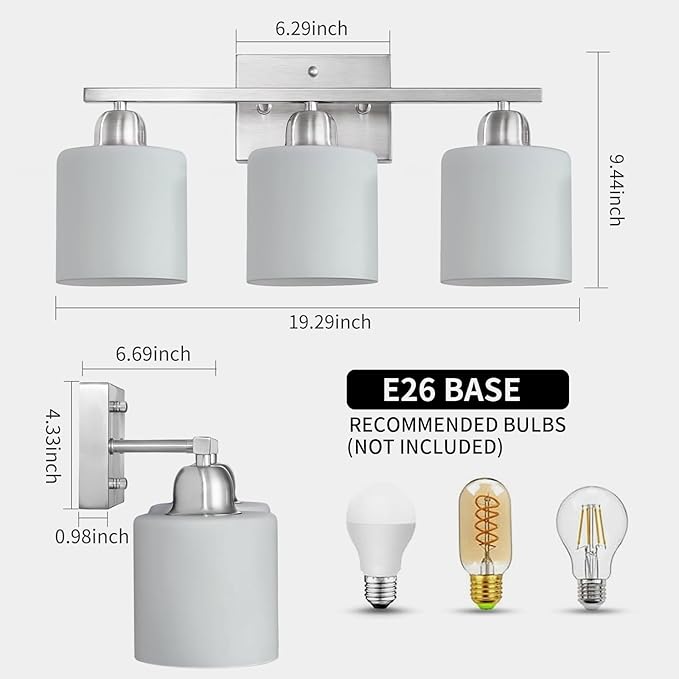 Brushed Nickel Bathroom Light Fixture, 3 Light Vanity Lights - Image 2