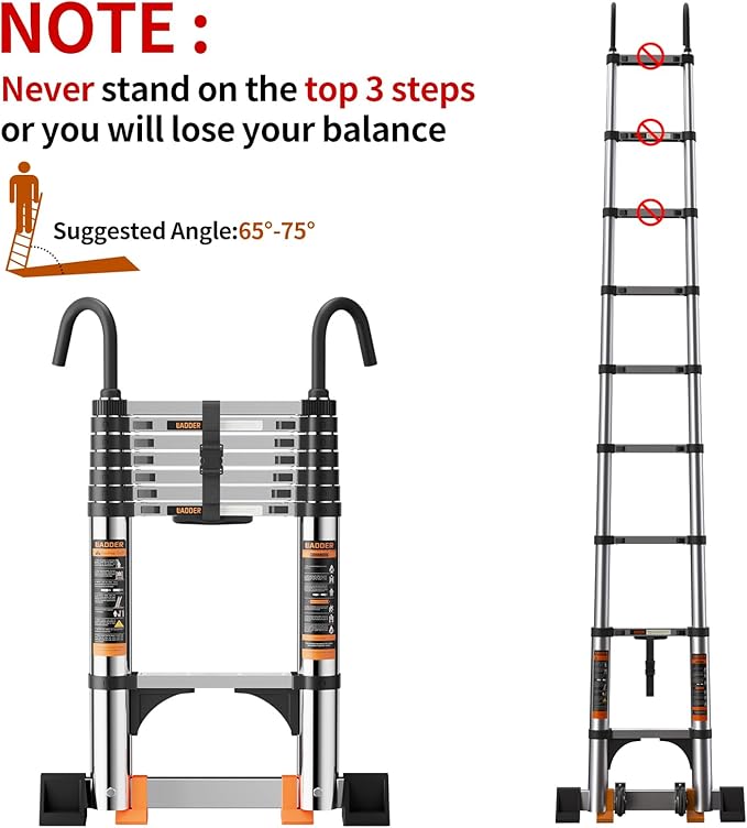 Telescoping Ladder, with Stable Hook and stabilizer barand, 13.5FT Extension - Image 6