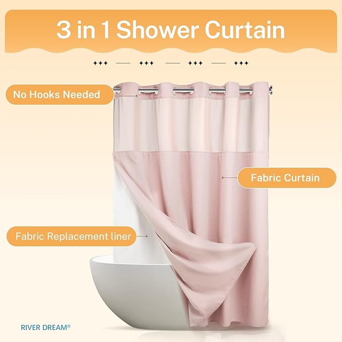 River Dream No Hooks Required Dotted Pink Shower Curtain - Image 4