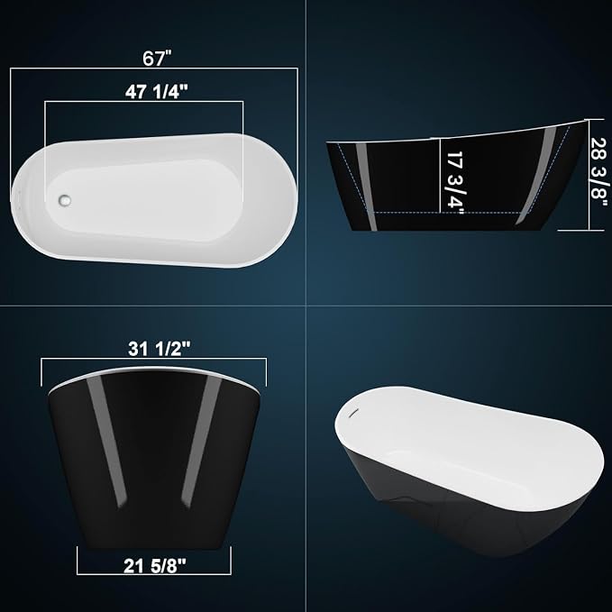 Freestanding Bathtub 67 inch Extra Large – Black & White Acrylic Free Standing - Image 5